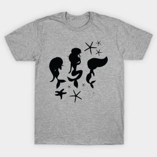 White on Black Mermaid Stars Silhouette  Seamless Pattern Print Design T-Shirt